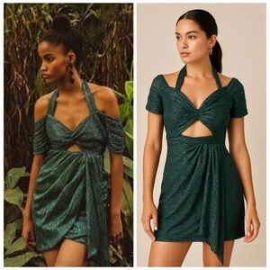 AZULU Green Metallic Cutout Off Shoulder Mini Dress XS NWT Party Sexy